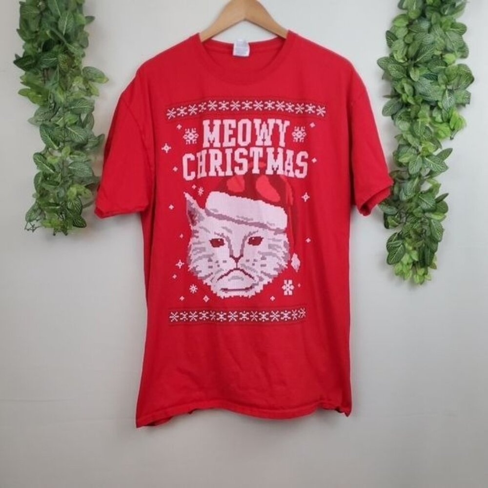 Grumpy Cat Meowy Christmas Holiday Red XL X Large T-Shirt Ugly Festive Meme